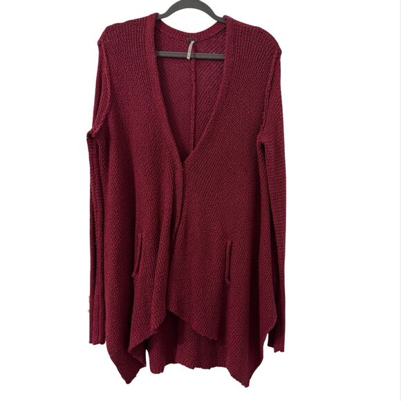 Free‎ People Red Handkerchief Hem Longline Cardigan Small Boho Coastal Oversized - Picture 1 of 6